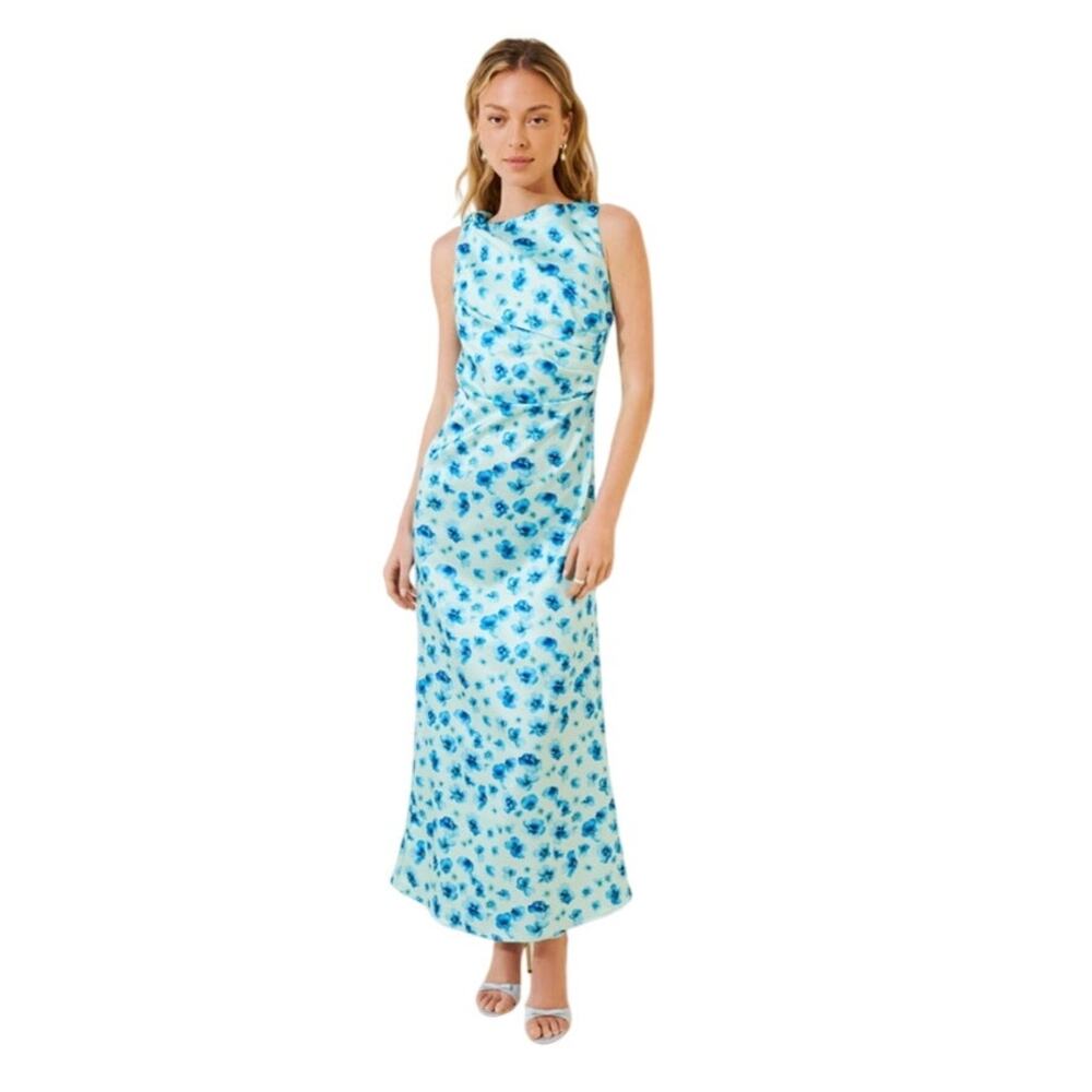 Exquise Tulipina Dress XS Blue Floral Satin Ruched Maxi Gown Boat Neck
